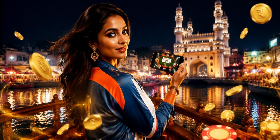 Young adults playing Teen Patti on mobile devices near Hyderabad Charminar at night