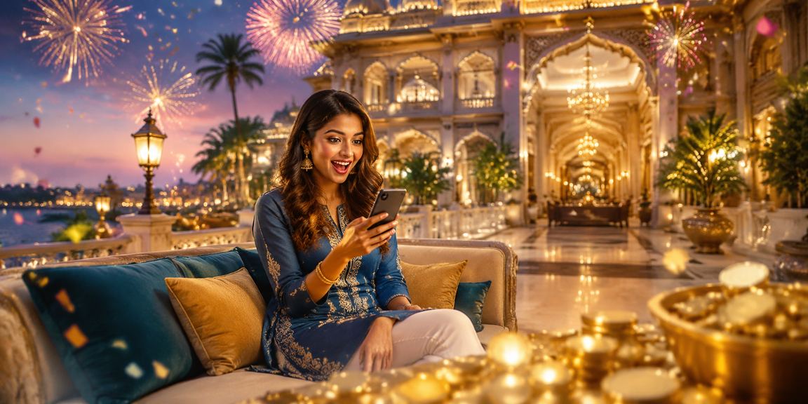 Indian woman playing lottery games on her mobile device at home